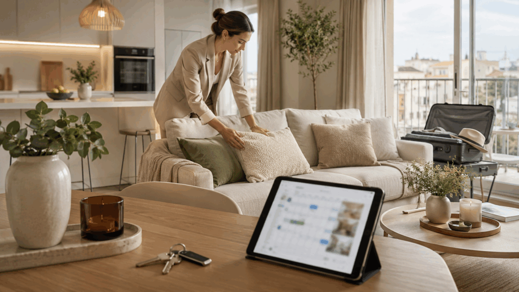 Photo d'une femme faisant du home staging pour un appartement en location courte durée