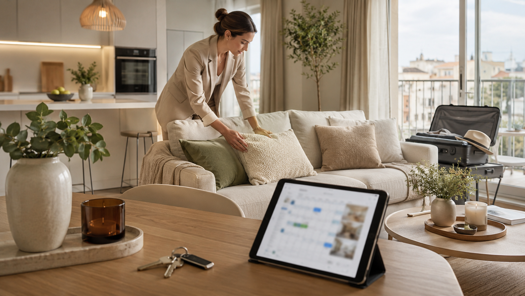 Photo d'une femme faisant du home staging pour un appartement en location courte durée