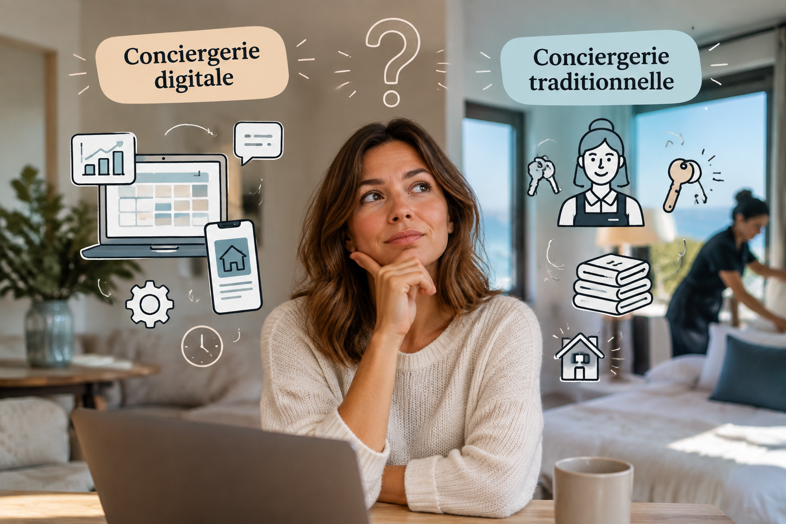 photo d'une personne qui hésite entre une conciergerie digitale ou traditionnelle