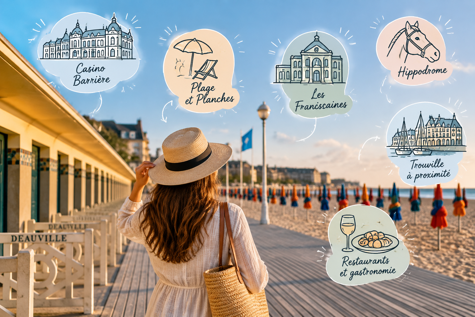 Illustration d'une femme marchant sur les plages de Deauville